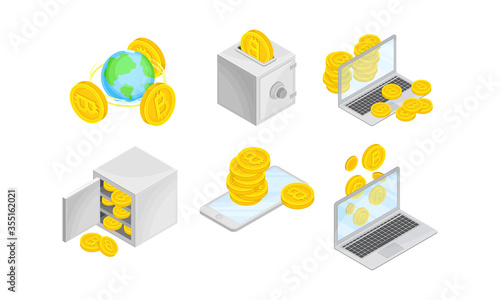 Isometric Bitcoin Currency with Gold Coins Stored in Cash Box Vector Set