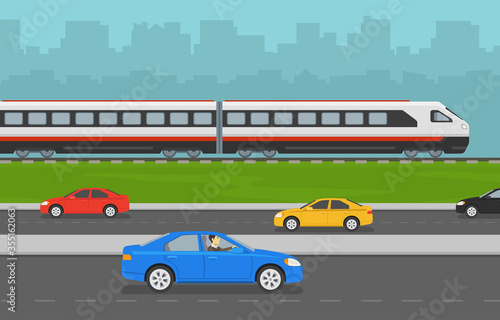 City panorama with highway road and railway. Modern bullet train and sedan cars. Flat vector illustration.