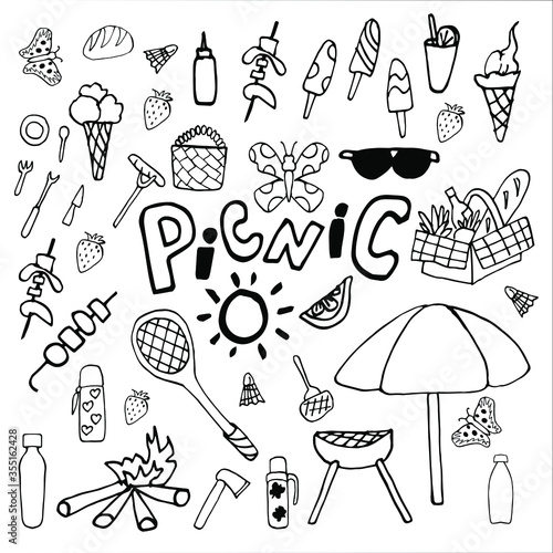 Collection of vector illustrations on the theme of the summer holidays. Summer picnic doodle set. Various meals, drinks, objects, sports activities. Isolated over white background.
