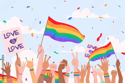 Pride day people. Pride day flag. lgbt. 
crowd of people with rainbow flags and symbols on pride parade