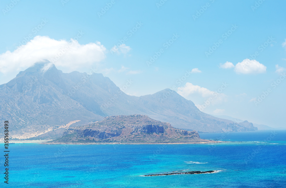 Greece Crete. Lagoon of Gramvousa island. Panoramic view for sea and mountains.