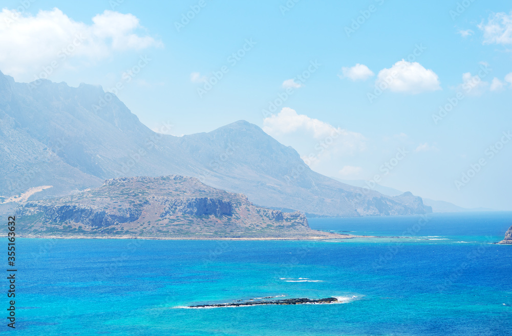 Greece Crete. Lagoon of Gramvousa island. Panoramic view for sea and mountains.