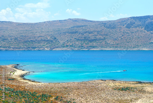 Greece Crete. Lagoon of Gramvousa island. Panoramic view for sea and mountains. Postcard, offer or advertisement for travelers.