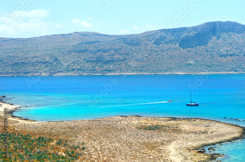 Greece Crete. Beautiful sea coast of Gramvousa island. Bird s eye view for sea and mountains. Postcard  offer or advertisement for travelers.