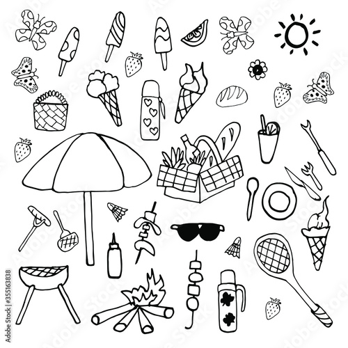 Collection of vector illustrations on the theme of the summer holidays. Summer picnic doodle set. Various meals, drinks, objects, sports activities. Isolated over white background.