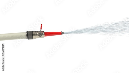 fire hose with modern nozzle squirting water. isolated on white background. 3d illustration