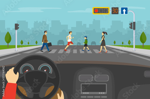 Hands driving a car on the street. Driver is waiting on red light while group of people crossing road on crosswalk with traffic lights. Flat vector illustration.