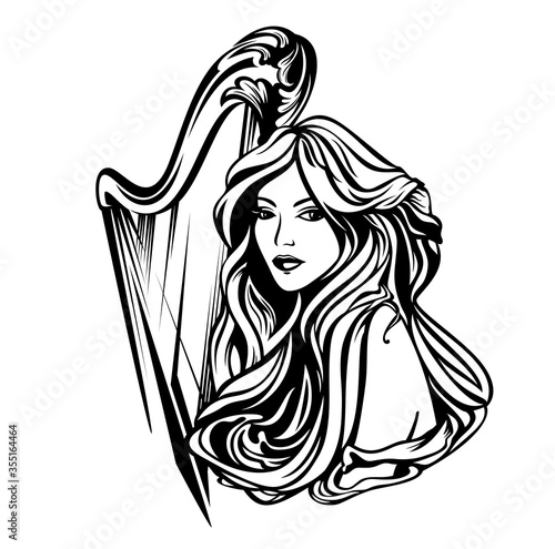 beautiful woman with long hair and harp musical instrument - classical music muse art nouveau style black and white vector portrait