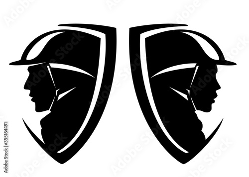 horse rider head in heraldic shield - male and female jockey representing equestrian sport black and white vector design set