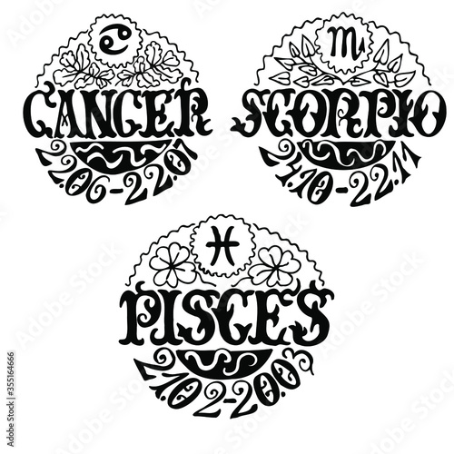 Zodiac signs of the water element. Cancer, Scorpio, Pisces. A hand-drawn vector circular composition is decorated with floral elements.  Calligraphic handwritten names. The astronomical date.