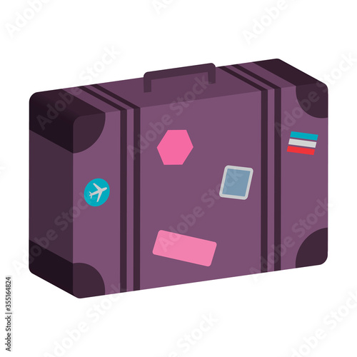 purple suitcase with a travel vintage stickers. 3D style.