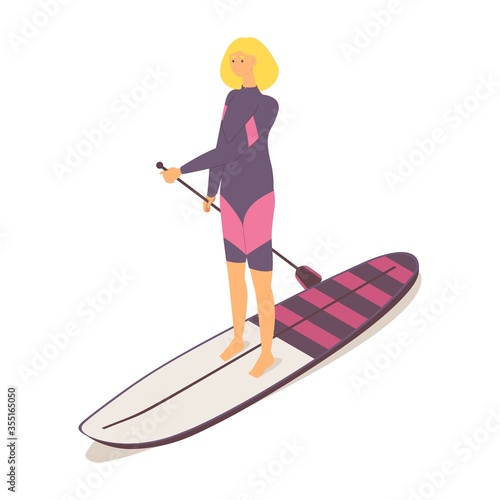 Beautiful girl in springsuit on a longboard surfboard or stand up paddle board. Isometric healthy character
