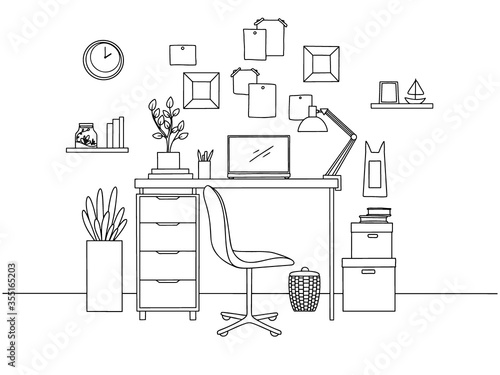 Sketch the room. Office chair, desk, various objects on the table. Sketch workspace. Vector