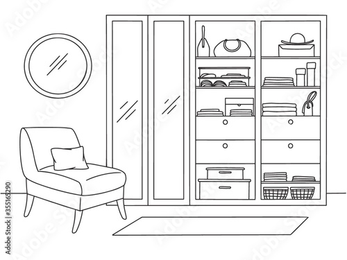 Linear sketch wardrobe. Wardrobe, armchair and different elements of the interior on a white background. Vector