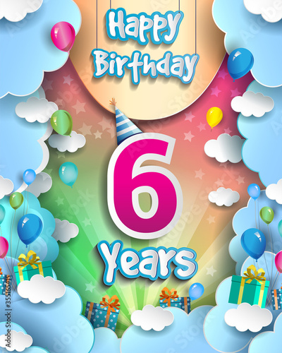 6th Years Birthday Design for greeting cards and poster, with clouds and gift box, balloons. design template for anniversary celebration.