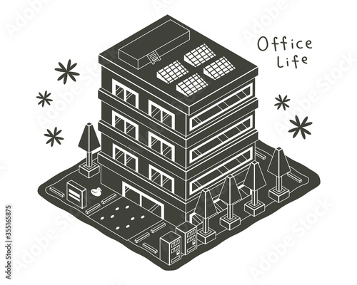 会社のビルのイラスト（四階建て・白黒）