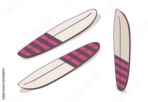 Set of isometric surfboard in various foresortening views like standing, lying down stand up paddle board or sup
