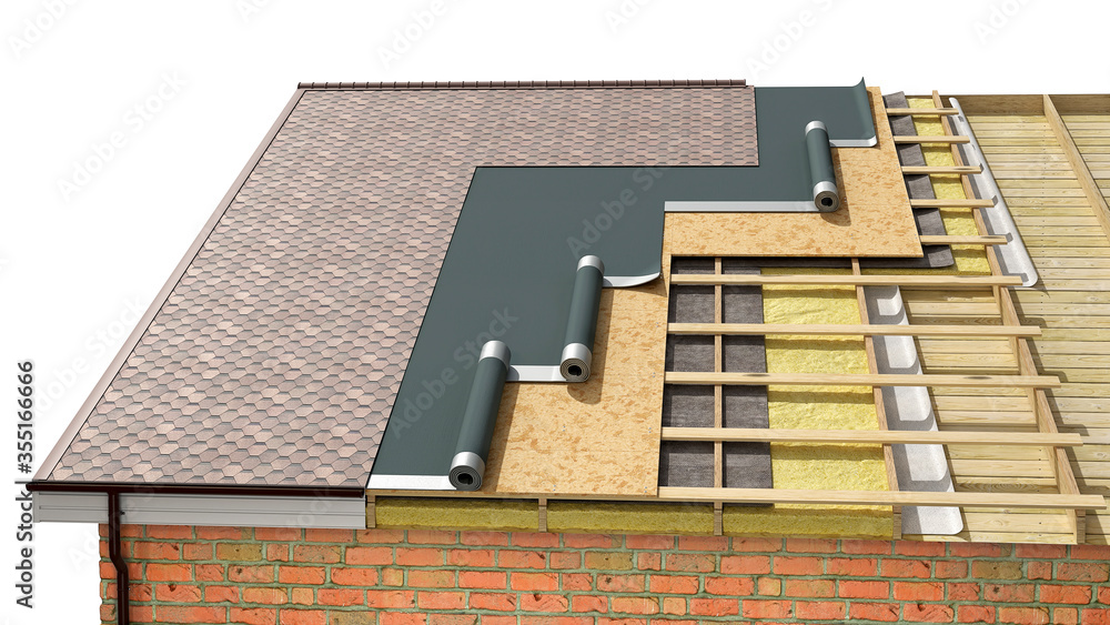 Detailed shingle roof installing in process, 3d illustration - obrazy, fototapety, plakaty 