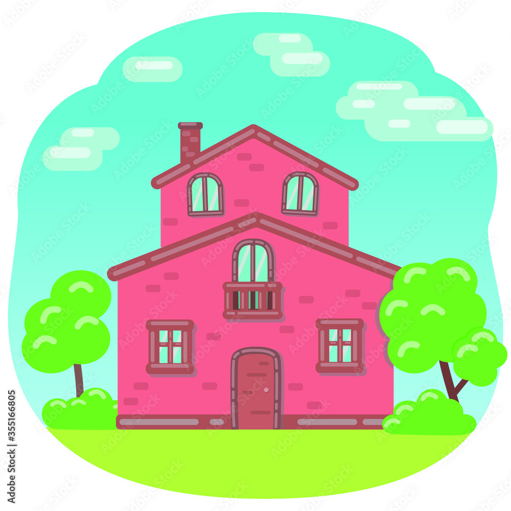 Cartoon house in the flat style. Isolated vector image. House with trees and clouds in sky