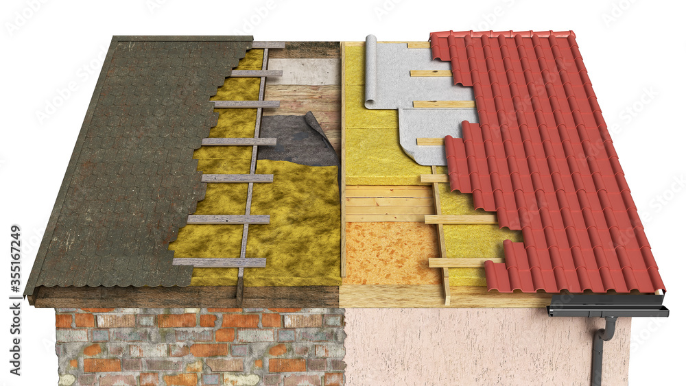 Installing new roof instead of old dirty damaged roof, layer by layer, 3d illustration - obrazy, fototapety, plakaty 