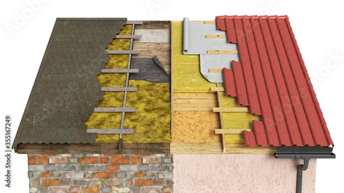 Canvas Print Installing new roof instead of old dirty damaged roof, layer by layer, 3d illust