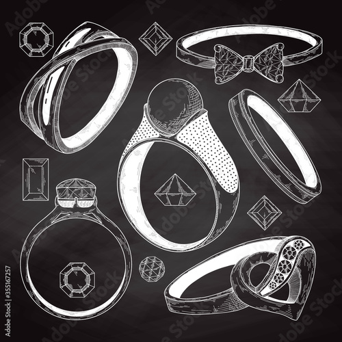 Hand drawn a set of different jewelry rings. Vector illustration