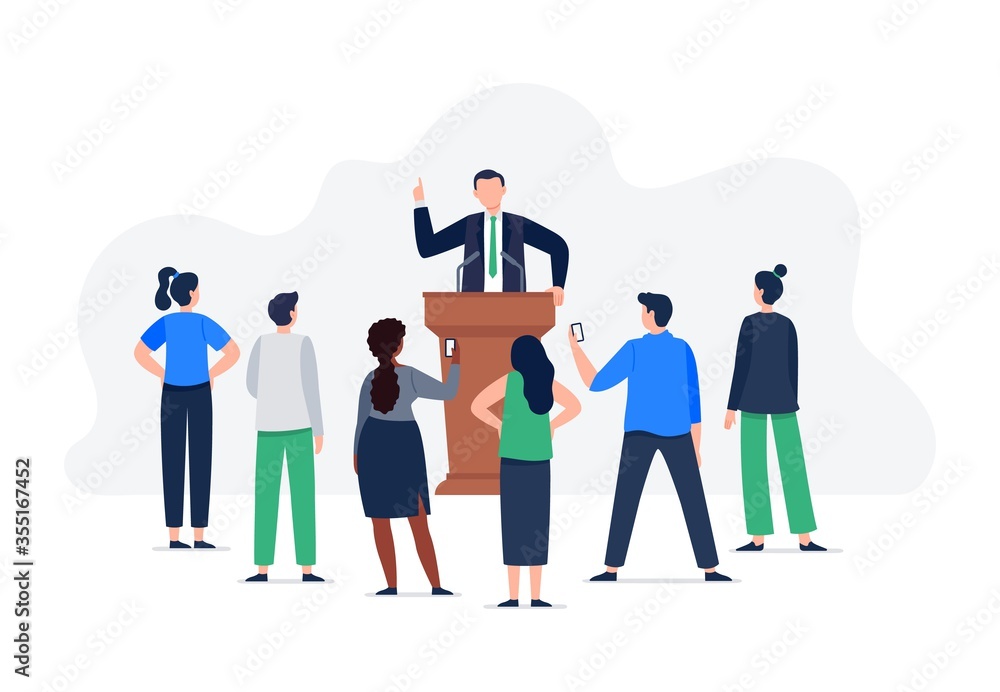 A man speaker and a group of people listen to a speech. A speech from tribune with microphones. Male political character and electorate. Vector flat concept illustration. A man speaker and a group of people listen to a speech. A speech from tribune with microphones. Male political character and electorate. Vector flat concept illustration.