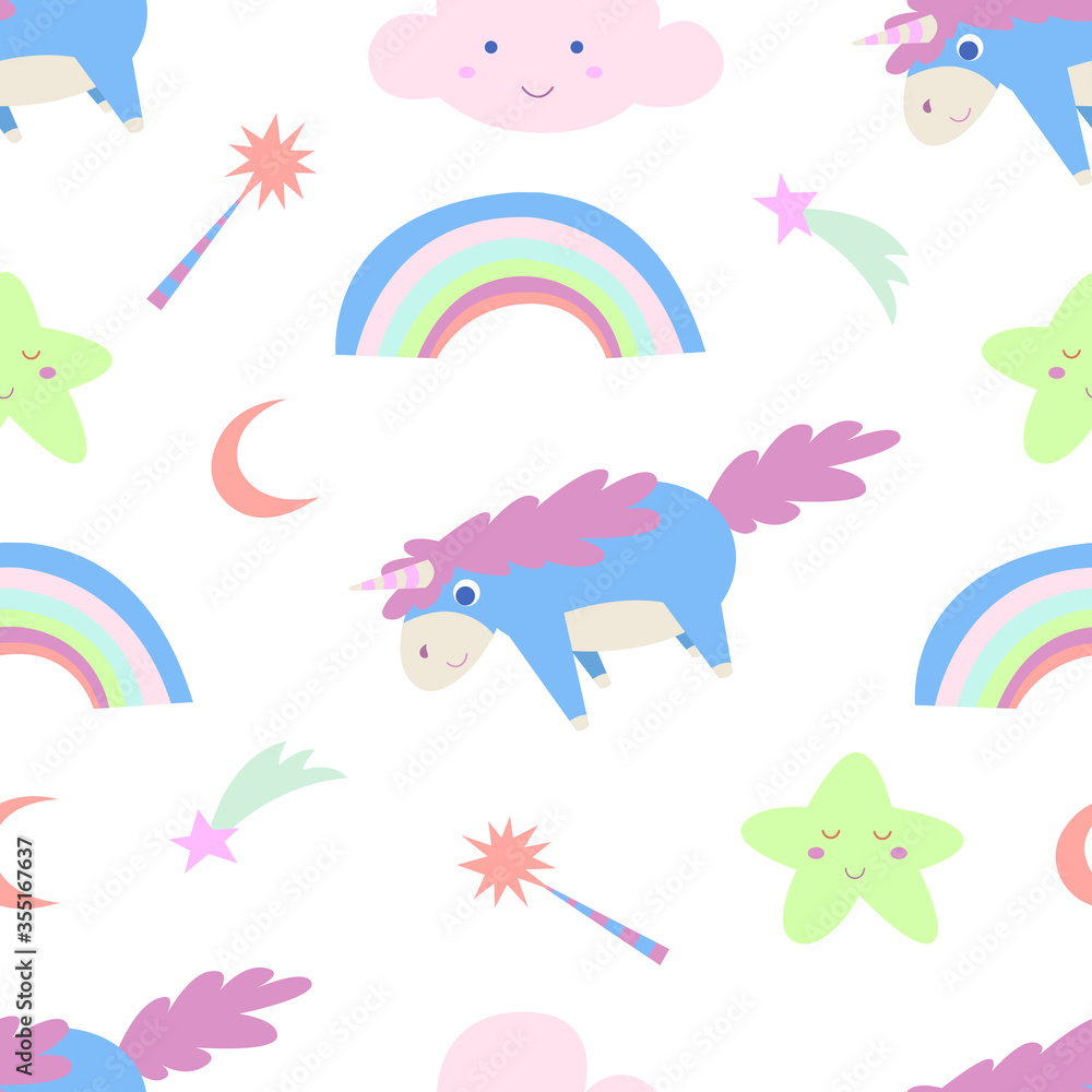 Seamless vector pattern with cute unicorns, clouds, rainbow, and stars. Magic background with little unicorns.