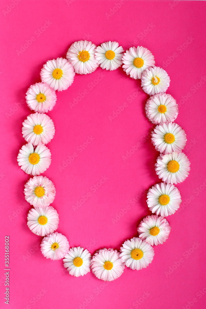 The number 0 is written in white pink flowers on a bright pink background. The number zero is written in live colors, highlighted on a pink background. Arabic numerals inlaid with daisies.