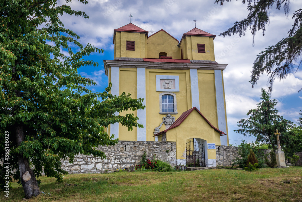 Exterior view of Immaculate Conception Church in Zhvanets village, Ukraine
