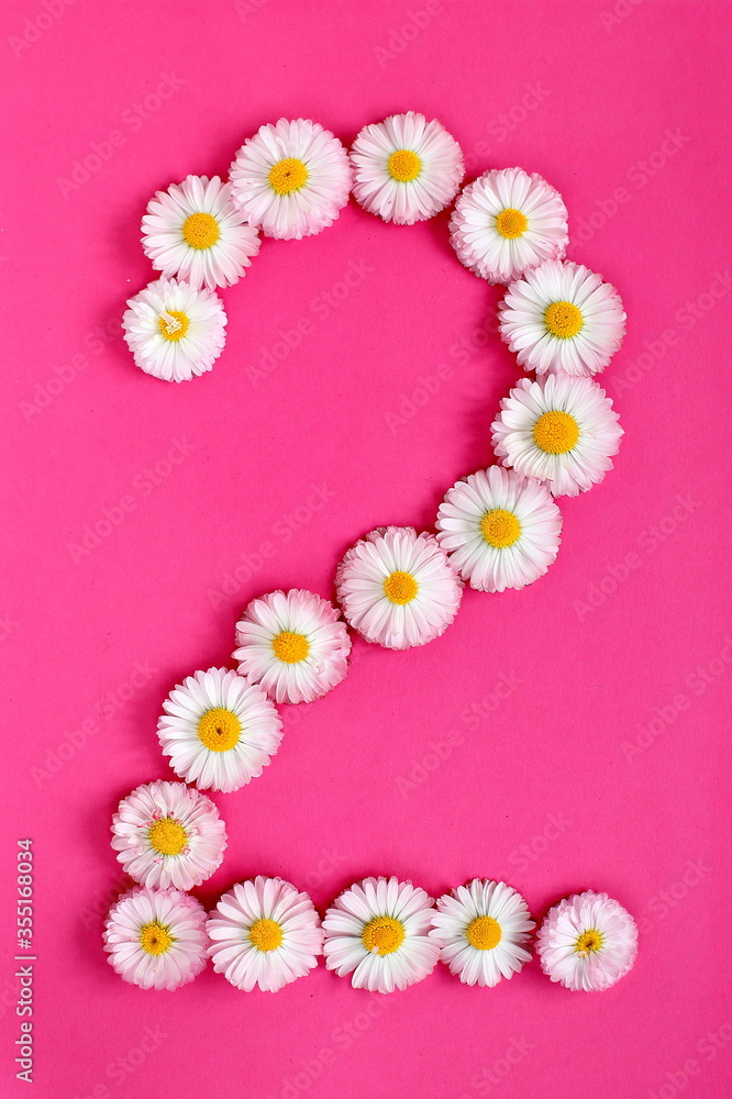 The number 2 is written in white pink flowers on a bright pink background. The number two is written in fresh flowers highlighted on a pink background. Arabic numerals inlaid with daisies.