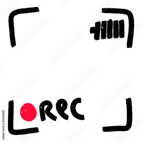 Video camera viewfinder overlay. Grunge hand-drawn camera frame template. Black lines and battery icon, rec icon on white background.