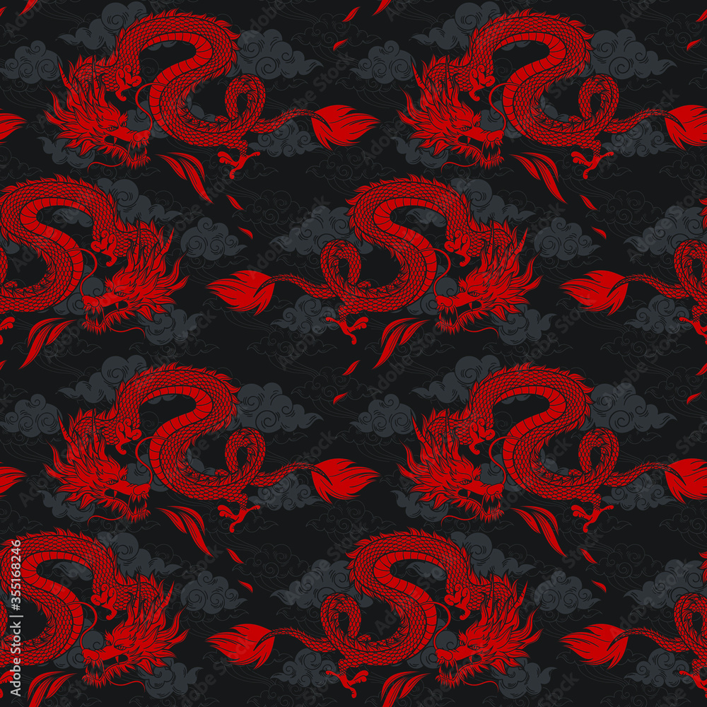 Vector seamless pattern with red chinese dragon and clouds. Hand drawn.  Abstract art print. Wallpaper, cloth design, fabric, tissue, textile design  template, background. Mythological Stock Vector | Adobe Stock