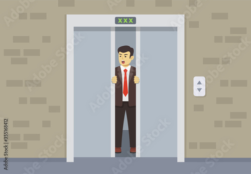 Young businessman or manager trying to open the doors. Broken elevator. Flat vector illustration.