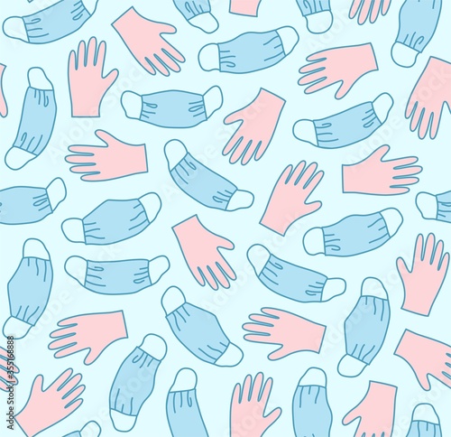 Masks and gloves, virus, protection, seamless pattern, color. Pink gloves and blue masks on a blue background. Flat color images. Vector.  