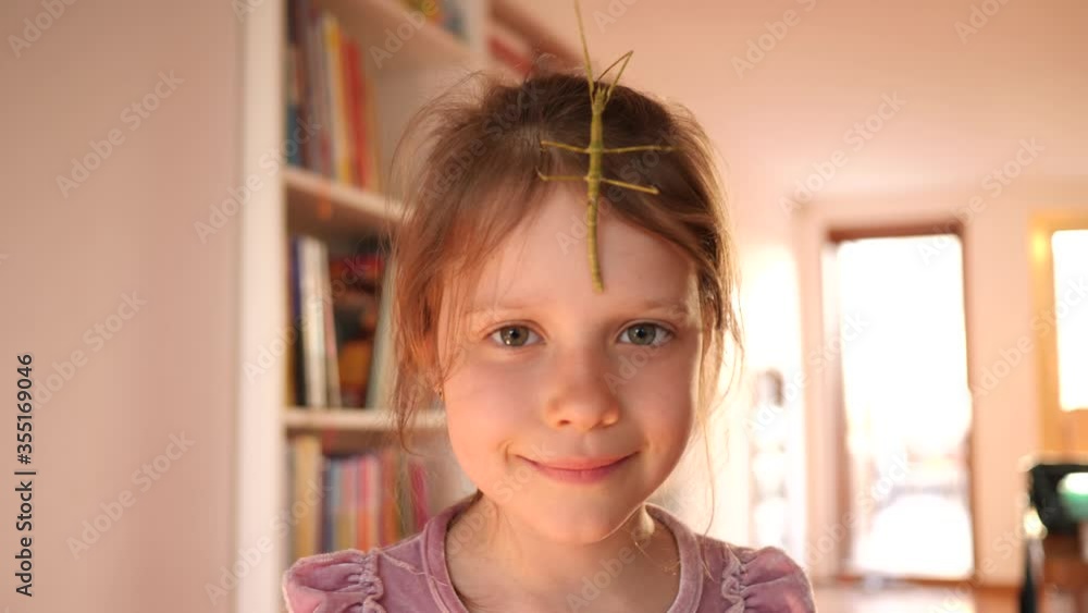 Cute kid girl portrait holds stick insect pet in hands and put it on her face at home have fun and smile