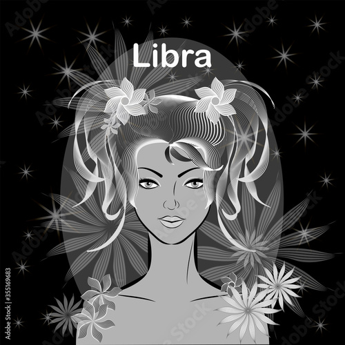 Elegant gentle girl with a fantastic hairdo on a black background.Sign of the zodiac Libra.
