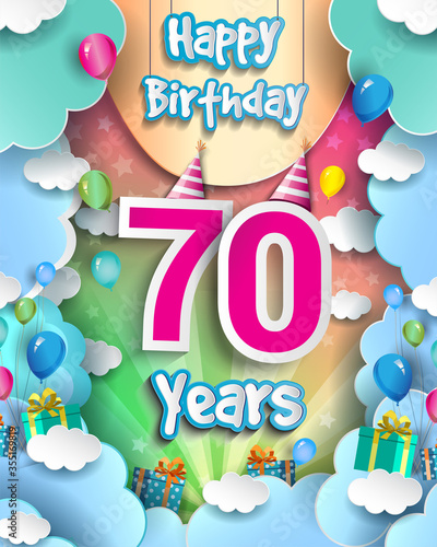 70th Years Birthday Design for greeting cards and poster, with clouds and gift box, balloons. design template for anniversary celebration.