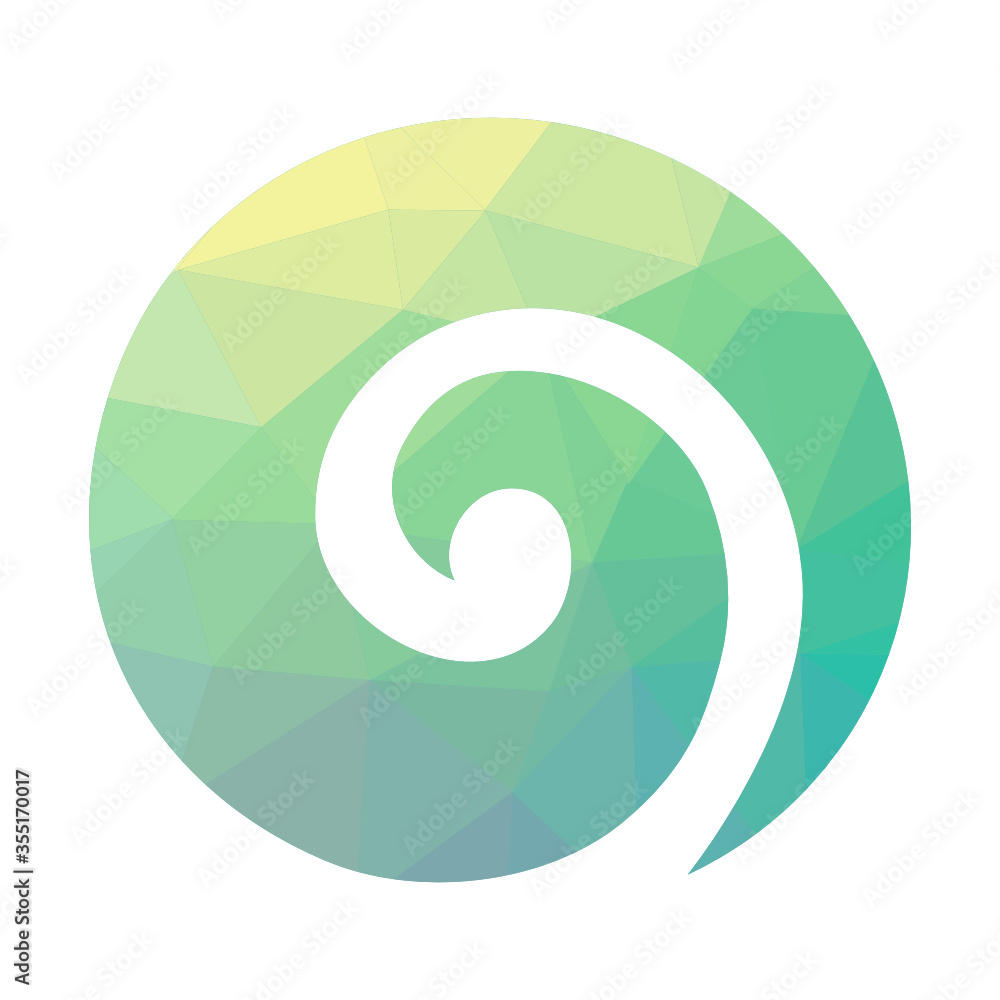 Stylized Maori symbol, colorful spiral shape based on silver fern frond.