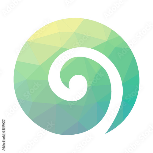 Stylized Maori symbol, colorful spiral shape based on silver fern frond.