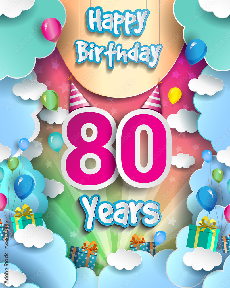80th Years Birthday Design for greeting cards and poster, with clouds and gift box, balloons. design template for anniversary celebration.
