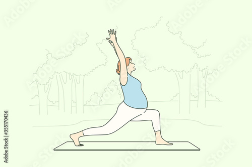 Sport  pregnancy  healthcare concept. Young pregnant woman cartoon character does yoga practicing activity exercise in park. Healthy lifestyle and outdoor recreation for expecting mothers illustration