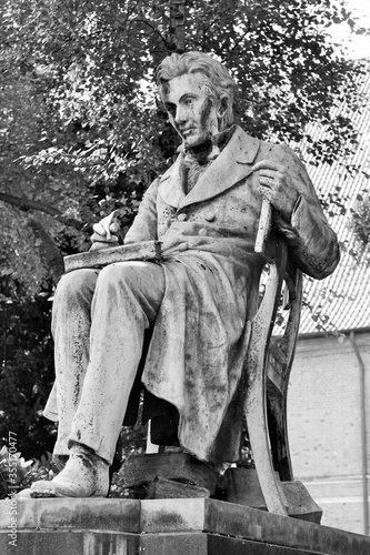 Philosopher and writer Søren Kierkegaard's statue in Copenhagen, Denmark in b/w photo