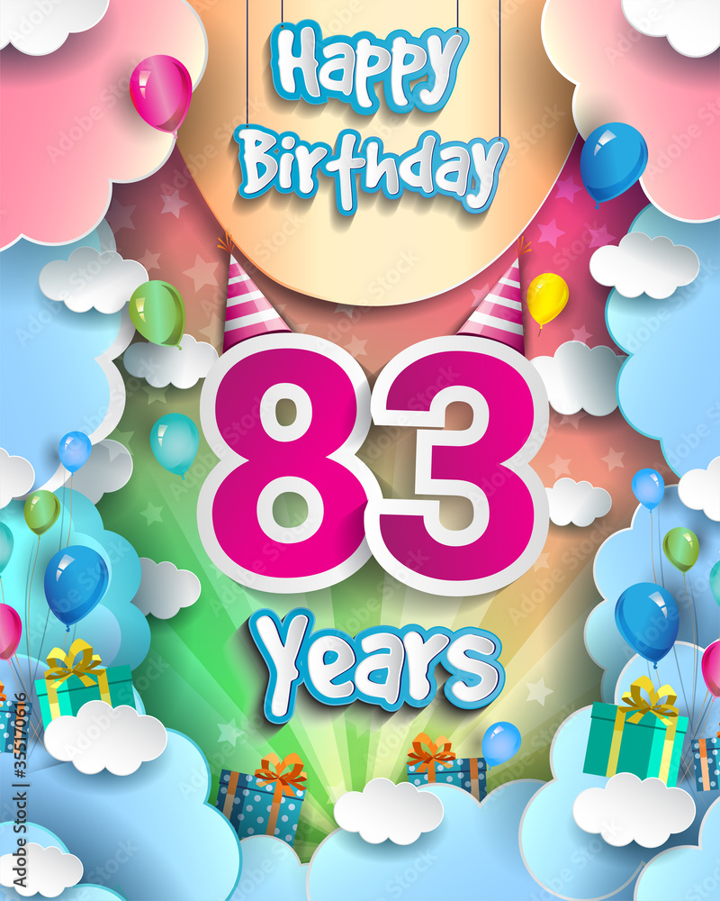 83rd Years Birthday Design for greeting cards and poster, with clouds and gift box, balloons. design template for anniversary celebration.