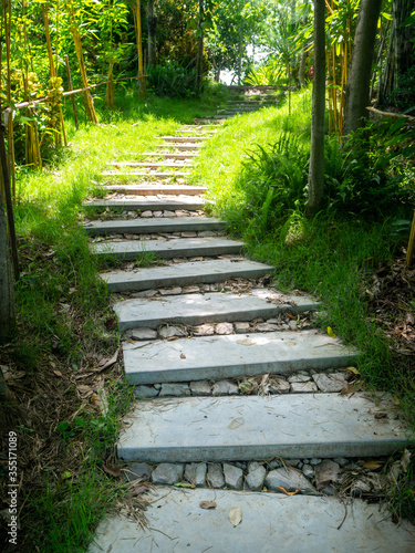 Beautiful pathway in a park in summer, Landscape with scenic winding footpath in sunlight.