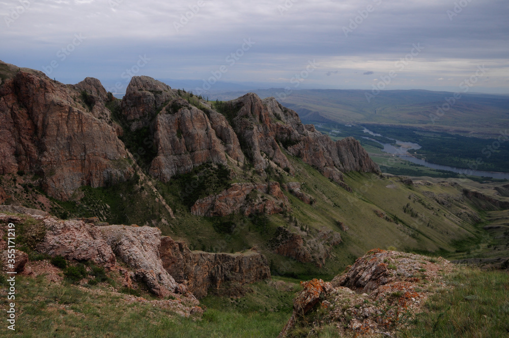 mountains in Tuva on the Bank of the Yenisei in summer