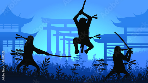 Ninja Samurai With Sword On Blue Background Vector Architecture