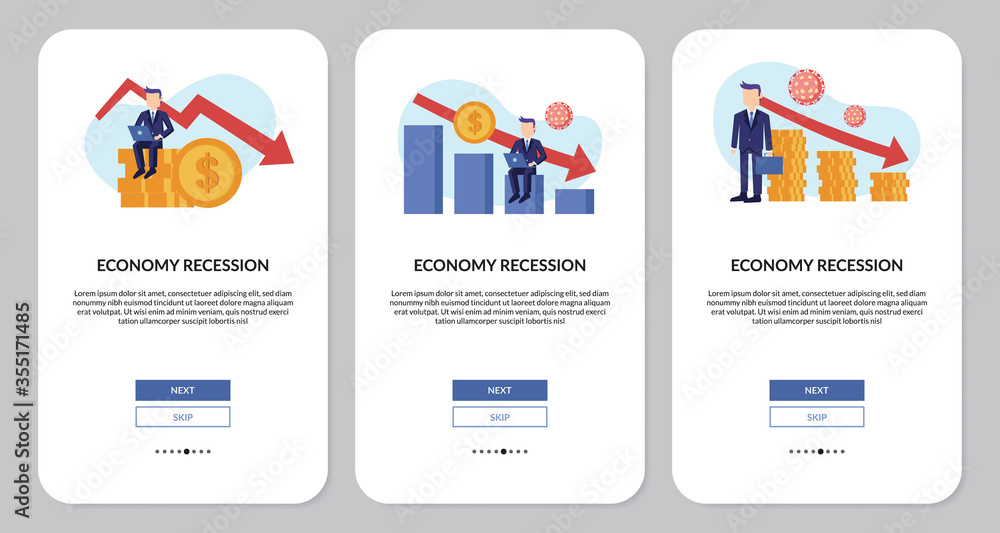Naklejka premium Set businessman with coat and activity with chart downtrend of recession economy and inflation.