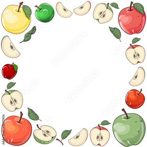 Banner, label or advertising poster with vector hand drawn apple fruits elements with copy space. For card, print, package, label, web design.