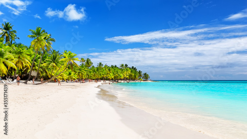 Fototapeta Naklejka Na Ścianę i Meble -  Coconut palm trees against blue sky and beautiful beach.